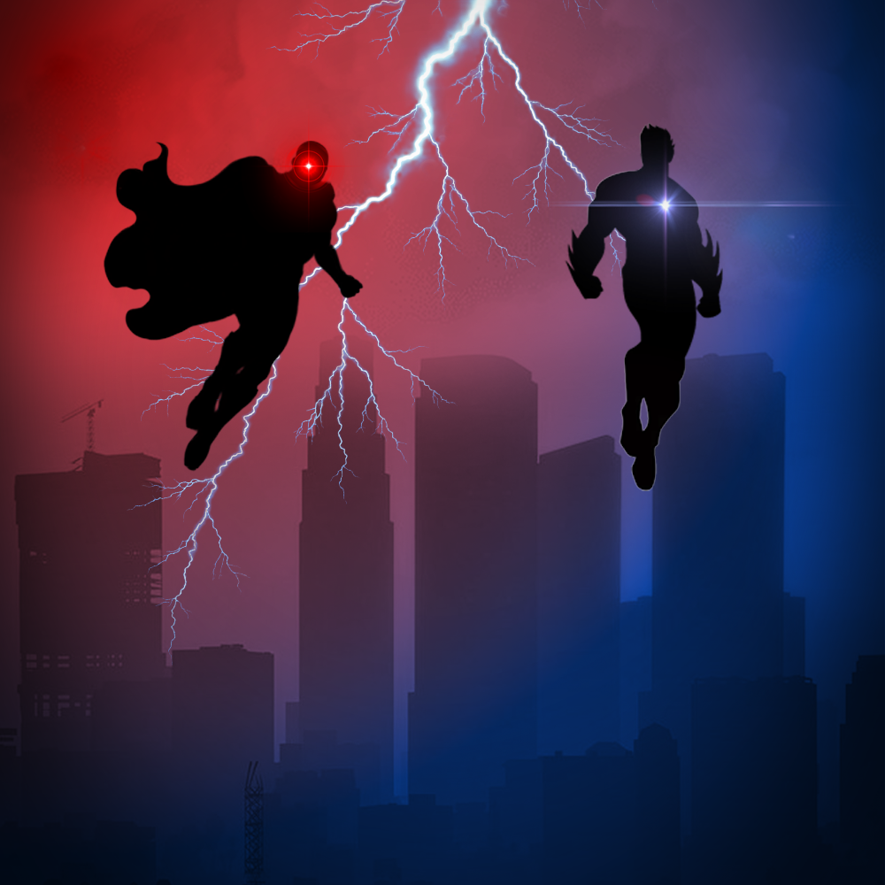 Heroes Rising RP hero artwork showing hero and villain silhouettes against a stormy city skyline